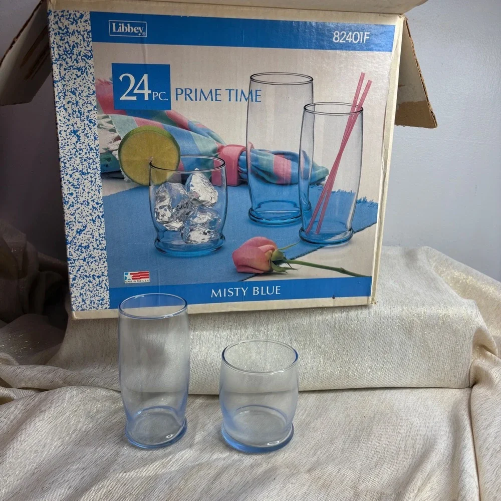 Libbey Prime Time 24 PC Misty Blue Glassware Set 8 Rocks 8 Beverage 8 Cooler